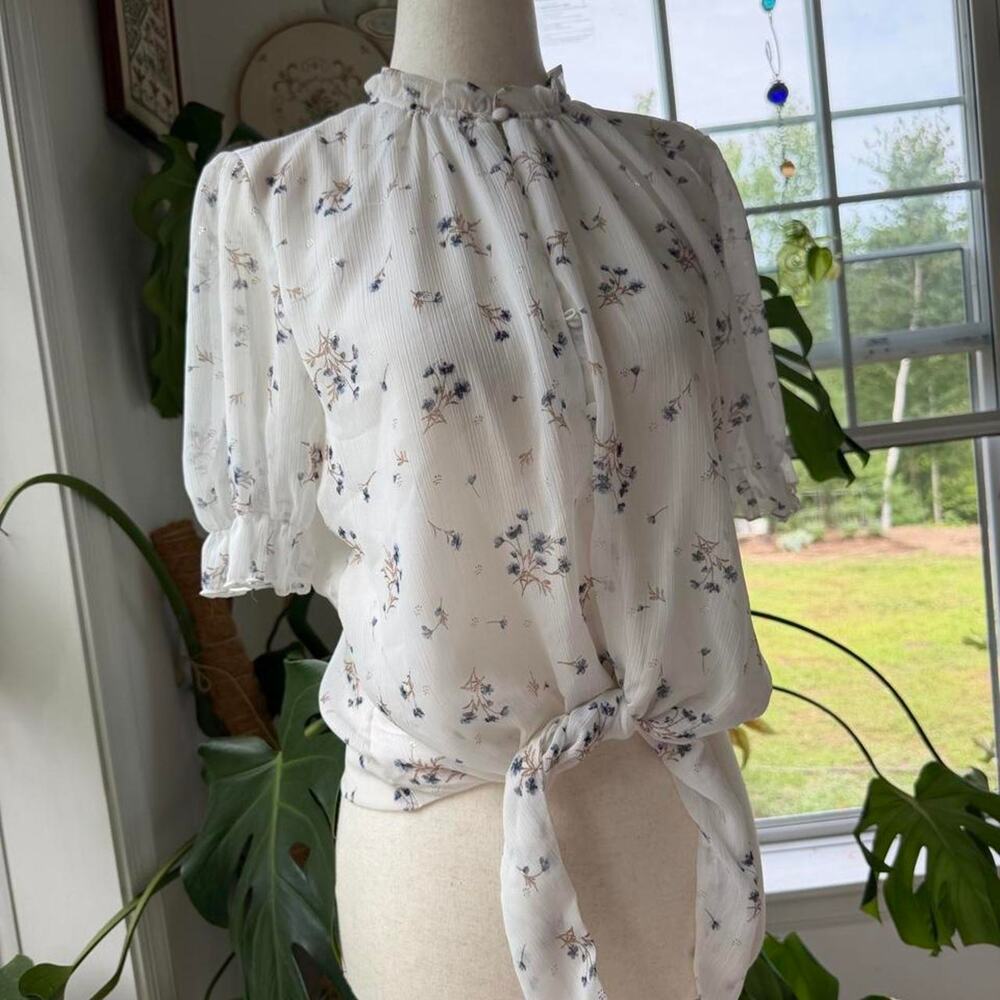 White Floral Ruffle Sleeve Blouse Small Tamara H